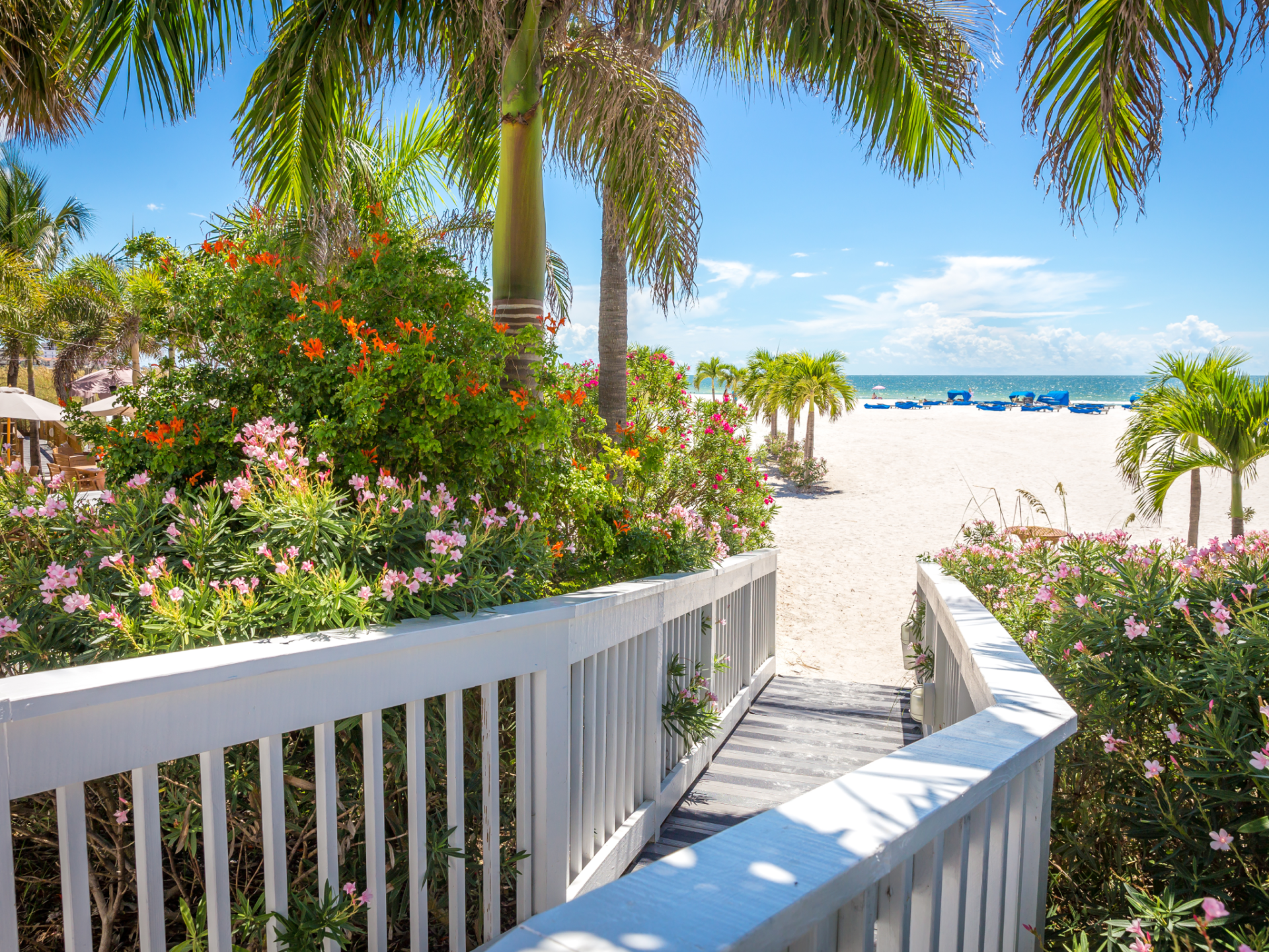 a white fence leading to a beach